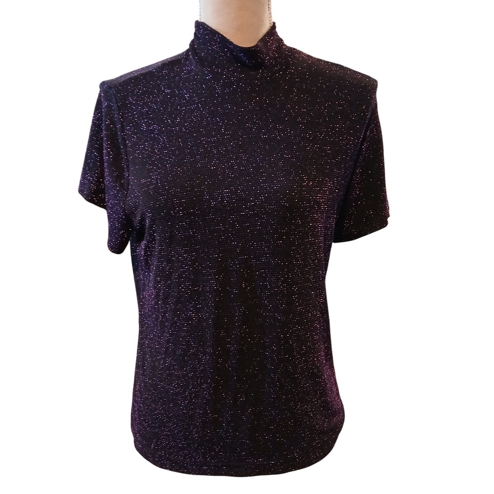 Apparenza M Womens Mock Neck Short Sleeve Purple Metallic Shimmer Whimsygoth Top